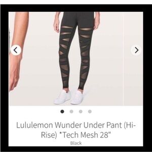 Black lululemon leggings with mesh zig zag cutouts going down front